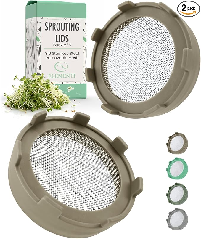 Elementi Sprouting Kit - Set of 2 Sprouting Lids for Wide Mouth Mason Jars, Sprouts Growing Kit for Bean Sprouts (Mushroom)