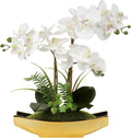 Briful Orchids Artificial Flowers 15" White Phalaenopsis Orchid with Gold Pots Real Touch Faux Orchid Flower for Home Office Bedroom Table Centerpiece Desk Decor