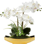 Briful Orchids Artificial Flowers 15" White Phalaenopsis Orchid with Gold Pots Real Touch Faux Orchid Flower for Home Office Bedroom Table Centerpiece Desk Decor