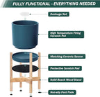 D'vine Dev Ceramic Planter with Natural Stand - 14 Inch Modern Round Flower Pot with Wood Planter Holder, Teal, 55-B-R-4