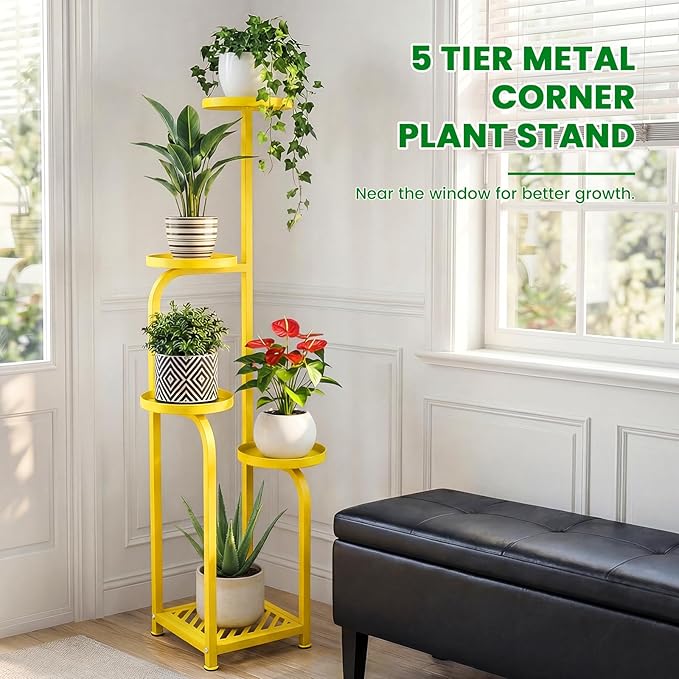 TOSKING 5 Tier Tall Plant Stand Indoor Outdoor,Anti-Tip Plant Stand indoor, Wide Base for Pots, Child and Pet Friendly,Heavy Duty Corner Shelf for Plants & Decor, Space Saving ,Tiered Metal Flower Pot Stand for Balcony, Garden, Living Room, Patio (Yell...