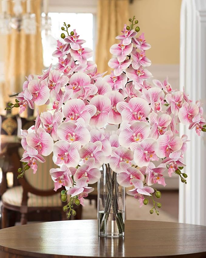 DILATATA 4 Pcs Artificial Orchids Stems with 9 Large Flowers Real Touch Phalaenopsis Orchids Flowers Fake Flower Branches 31.5" Tall for Home Arrangement -Pink Orchid