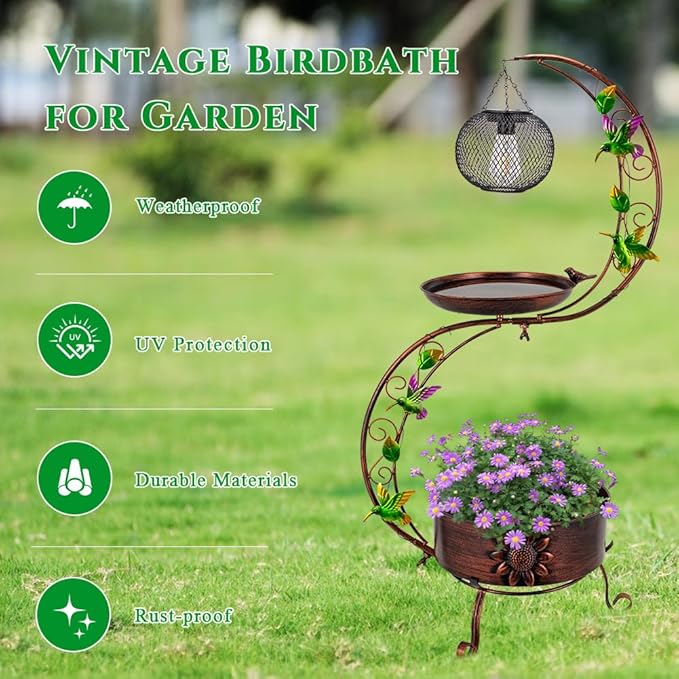 DREAMSOUL Solar Bird Bath with Solar Lantern, Vintage Copper Birdbath Flower Planter Metal Bird Bath for Outside Garden Yard