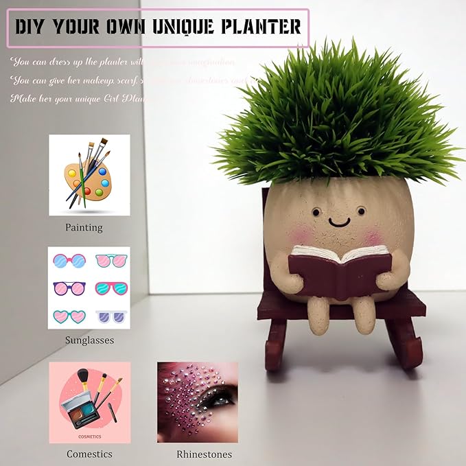 Dolkgy Cute Face Planters Succulent Pots, Funny Rocking Chair Reading Head Flower Planter Cactus Pot with Drainage Hole for Indoor Outdoor Plants, Unique Plant Lover Gifts