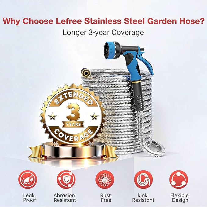 Lefree 50ft Metal Garden Hose - Heavy Duty 304 Stainless Steel Flexible Water Hose, No Kinks & Leak-Proof with Upgraded Handle, 10-Function Spray Nozzle for Balcony, Patio, Small Yard, Car Wash