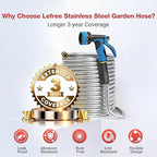Lefree 50ft Metal Garden Hose - Heavy Duty 304 Stainless Steel Flexible Water Hose, No Kinks & Leak-Proof with Upgraded Handle, 10-Function Spray Nozzle for Balcony, Patio, Small Yard, Car Wash