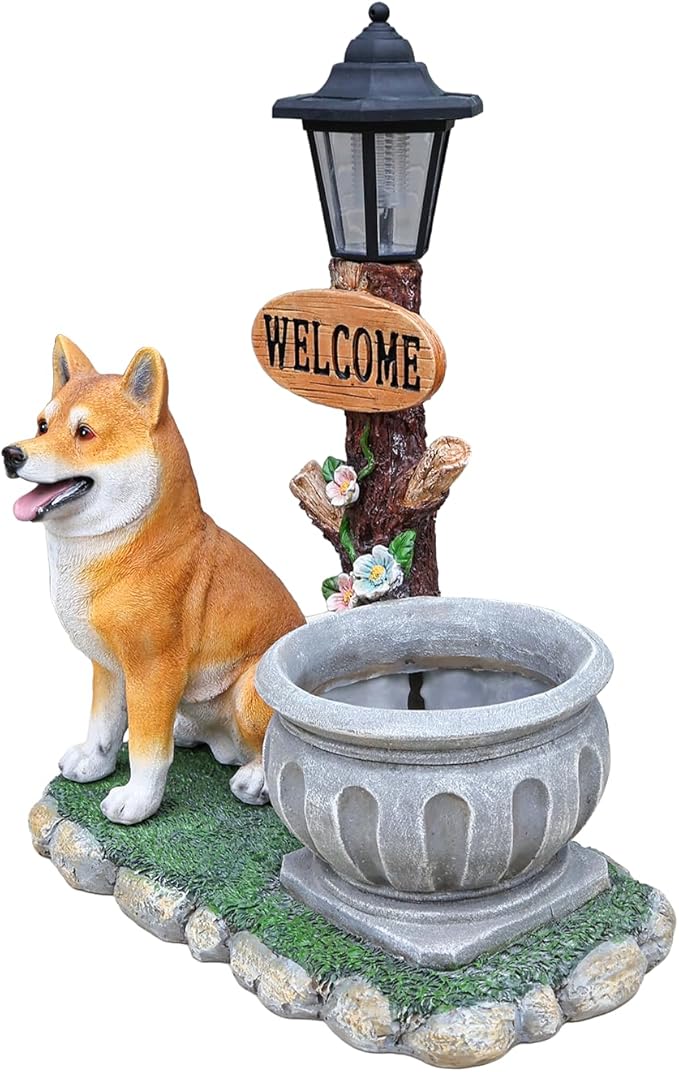 Animal Outdoor Statue Planter Solar Light Welcome Garden Sculpture Resin Flower Pot Decorative Porch Patio Yard Lawn Entryway Figurine with LED Lamp Rustic Plant Holder Ornament Courtyard (K)