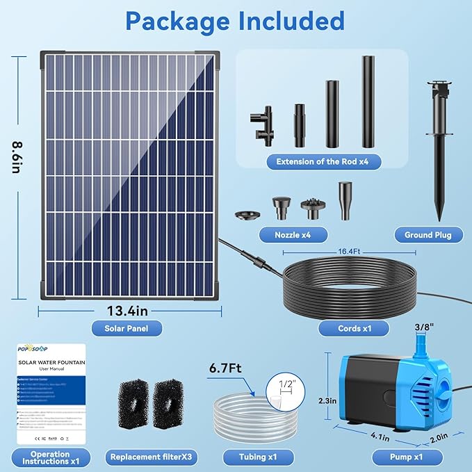 POPOSOAP Solar Water Pump, 12W Solar Fountain Pump 160GPH Flow Adjustable Solar Powered Pond Pump with Dry-Run Protection for Fish Pond, Wildlife Garden, Ponds, Waterfall, Hydroponics P112L