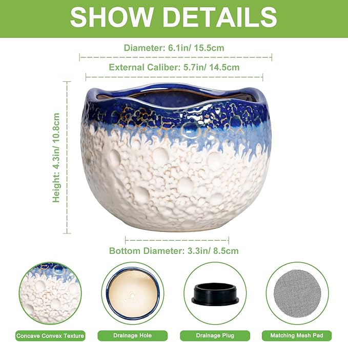 Ceramic Plant Pots - 6 Inch Orchid Pot for Indoor Outdoor Plants, Unique Pots for Plants with Drainage Hole and Plug, Modern Round Planter, Garden House Decor, Housewarming Gifts, Beige-blue