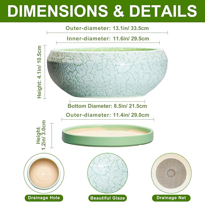 Bonsai Pots - 13 Inch Ceramic Succulent Pots for Indoor Outdoor, Large Shallow Planter with Drainage Hole and Saucer, Round Flower Succulent Planter, Patio Decor, Gifts for Women, Green
