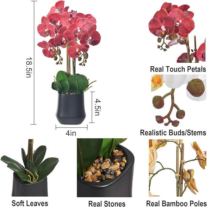 Orchids Artificial Plant in Ceramic Pot 18.5" Faux Orchid Phalaenopsis Flowers Arrangement for Home Office Table Centerpiece Indoor Decor, Red