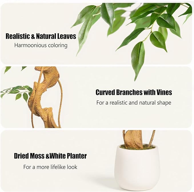 4ft Large Ficus Artificial Trees in White Pot, 48" Tall Fake Silk Tree with Natural Curved Trunk, Lush Faux Ficus Tree for Indoor Home Decor, Living Room, Office & Patio