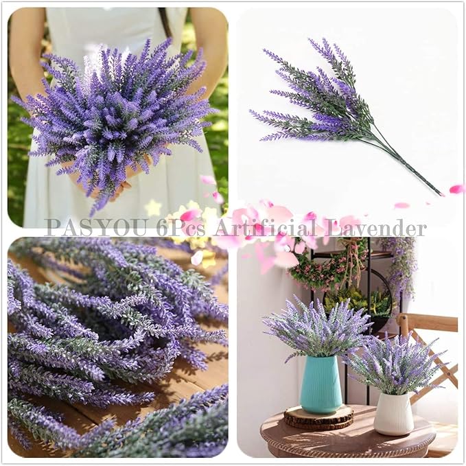 PASYOU 6 Pcs Artificial Lavender Flowers, Plastic Plants Fake Simulation Flower Wedding Indoor Outdoor Bridal Bouquet Home Garden Balcony Patio Planter Filler DIY Arrangement Decoration - Purple