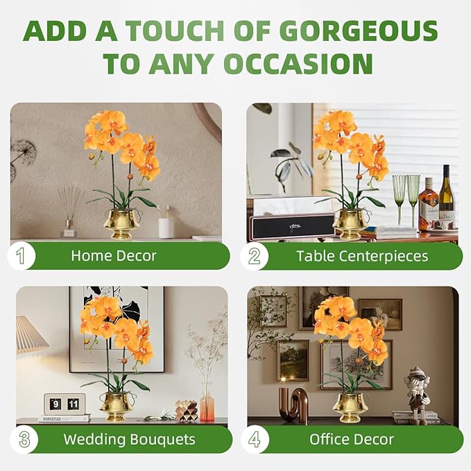 CXGS Orchids Artificial Flowers Realistic Fake Flowers in Ceramic Vase 20" Orange Faux Plants Indoor Lifelike Soft PU Phalaenopsis for Centerpiece Hotel Home Decor