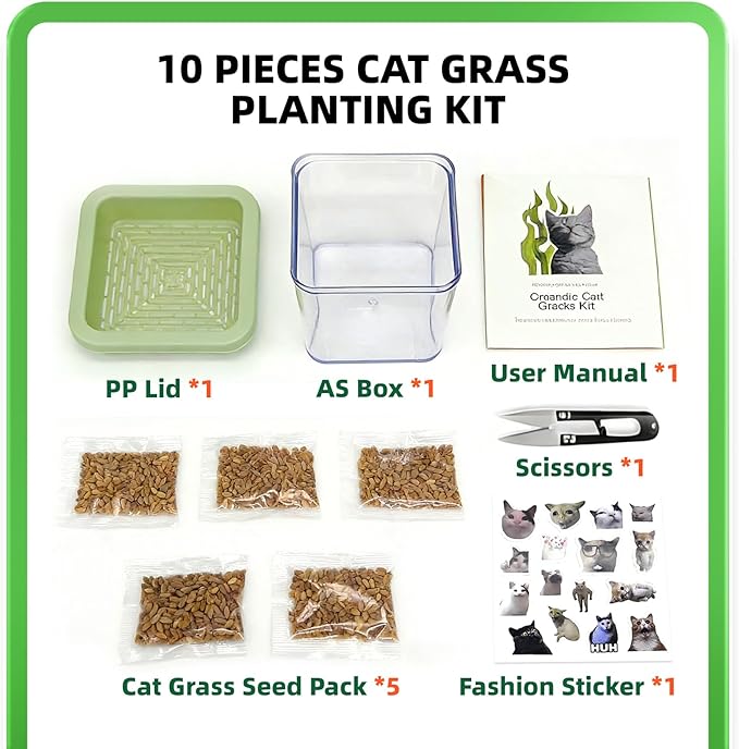 Hydroponic Cat Grass Kit with 5 Pack Non GMO Seeds & Scissors - Cat Grass for Indoor Cats, Helps Cat with Hairballs & Digestion, Easy 3-Step Setup,Gifts for Cat Lovers (Food-Safe PP&AS, 7-Day Growth)