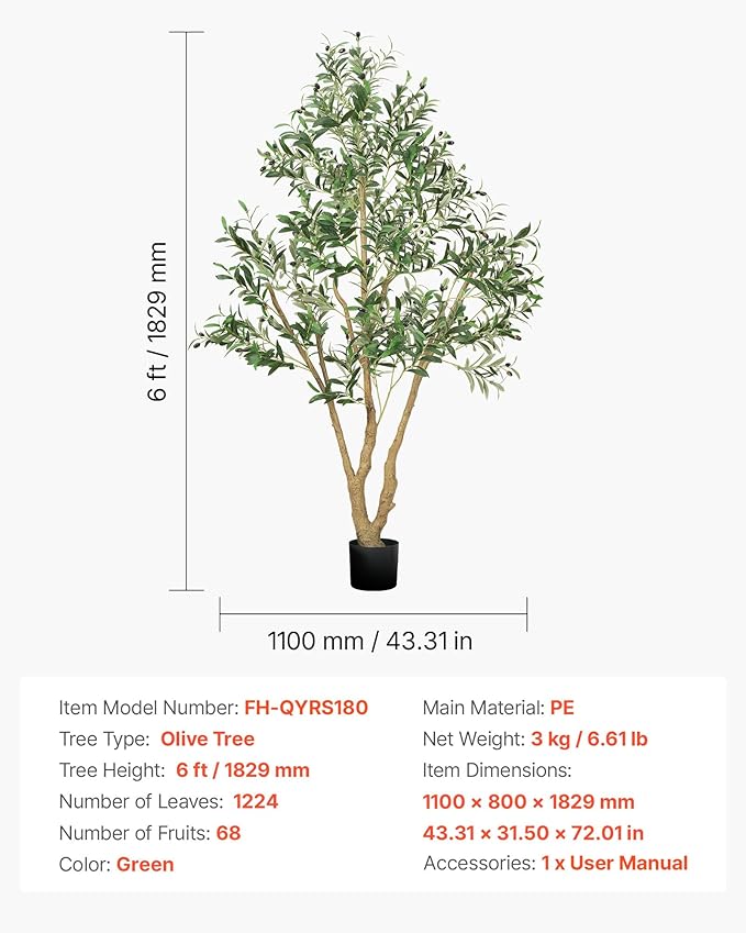 VEVOR 6FT Artificial Olive Tree with Black Pot, Tall Fake Tree with Natural Wood Trunk & Realistic Green Leaves and Fruits, Indoor Faux Plant for Home, Office, Living Room, Corner Decor