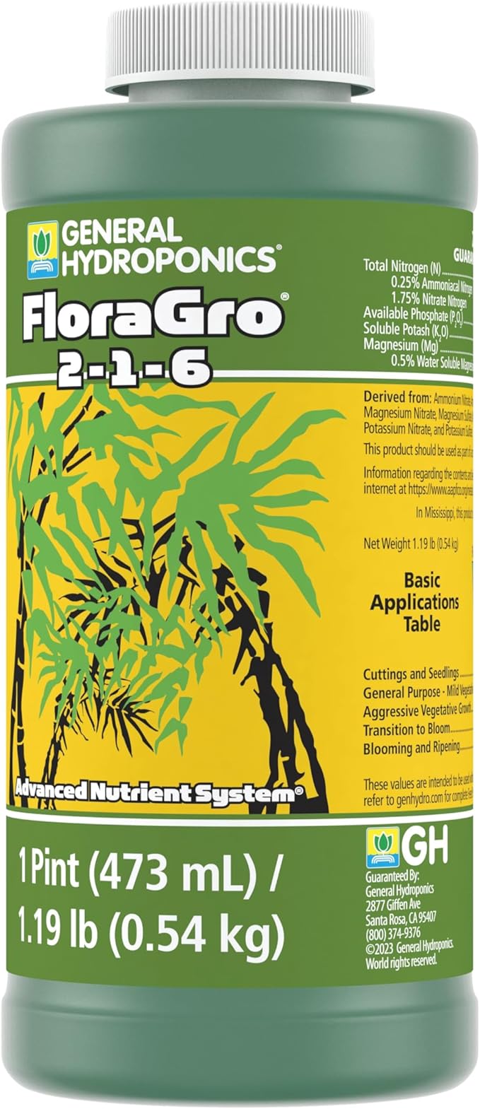 General Hydroponics FloraGro 2-1-6 Plant Food, Part of FloraSeries Advanced Nutrient System for Plants, 16 oz.