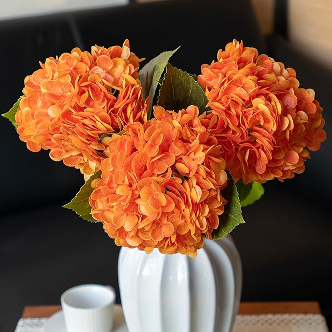 DUYONE 3PCS 22 inch Realistic Artificial Hydrangea Large Flowers Artificial Flowers Dry Flowers Outdoor Wedding Christmas Office Family Party Living Room Table Decoration (Orange)