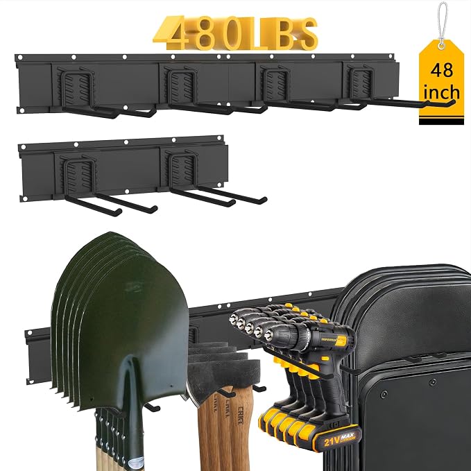 CBWLWJ 48'' Garage Tool Organizer Wall Mount - Heavy Duty 480 lbs Capacity Tool Rack with 6 Adjustable Straight Hooks, Wall Mounted Storage System for Garage, Shed, Workshop (Black)