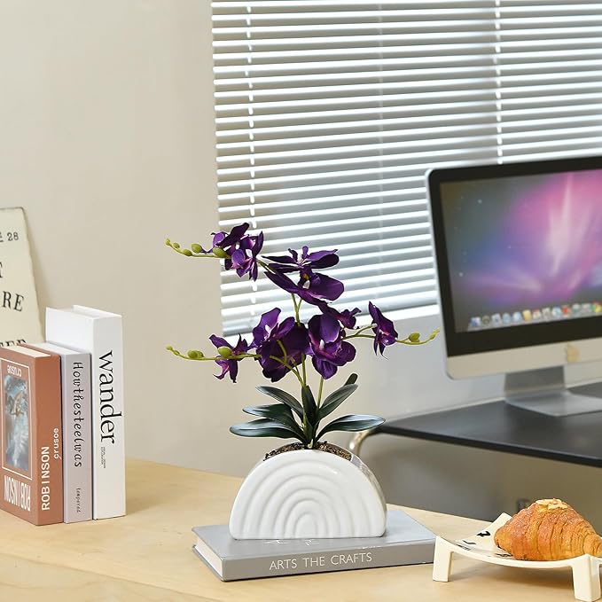 Fake Orchid Plant in White Rainbow Pot, Artificial Silk Phalaenopsis Orchid Flowers for Home Décor, Table Centerpiece, Office Desk (Dark Purple)
