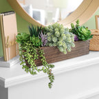 Winlyn 15" Assorted Artificial Succulent Arrangement Assorted Succulents in Rectangular Wooden Planter Faux Potted Plant for Farmhouse Table Centerpiece Windowsill Shelf Desk Mantel Greenery Décor
