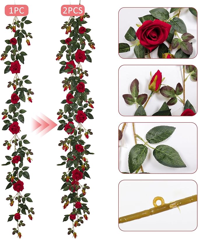 RECUTMS 6FT Artificial Red Rose Garland Fake Rose Ivy Vine with Greenery Foliage Hanging Flower Vine for Wedding Arch, Table, Home, Garden, Birthday, Valentine’s Day Party Decoration (Red)