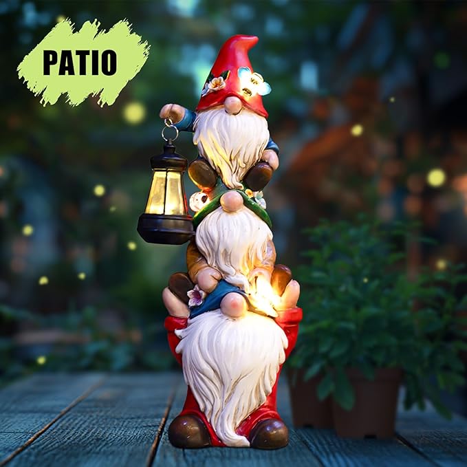 twinbling 17 in Large Garden Gnome Statue with Solar Lights Sculptures Funny Triple Big Gnome Outdoor Patio Lawn Yard Balcony Garden Home Decor Gifts for Women Mom