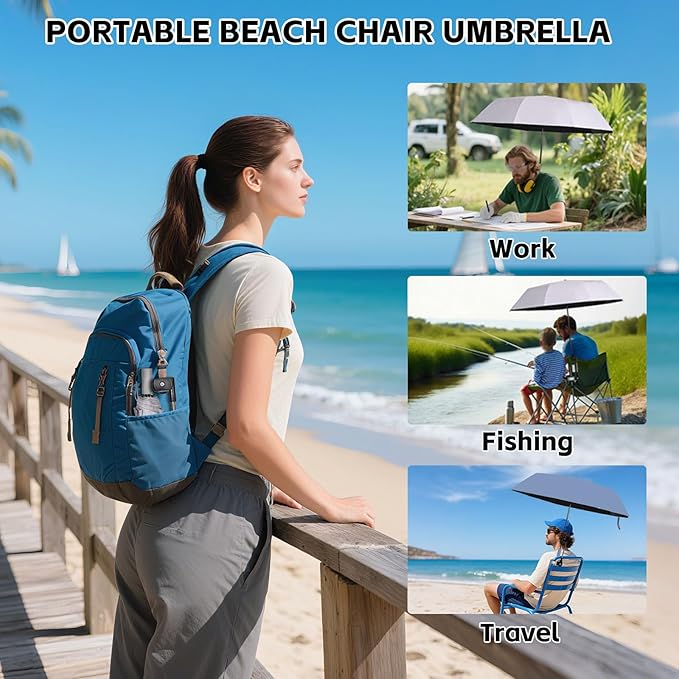 Beach Chair Umbrella with 360° Adjustable Clamp, 45in UPF 50+ Portable Folding Sun Shade for Outdoor Camping Wheelchair,Travel, Stroller, Patio, Golf Carts Plant Shade(Chair Not Included)