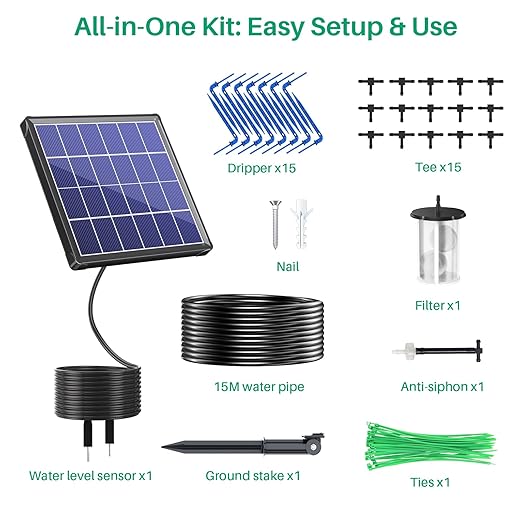 NFESOLAR 3W Solar Automatic Drip Irrigation Kit with LCD Timer, Customizable Watering Duration 1–30min & Interval 3h–7d, Anti-Siphoning Device for Potted Plants, Balcony, Garden, Patio, Vacation