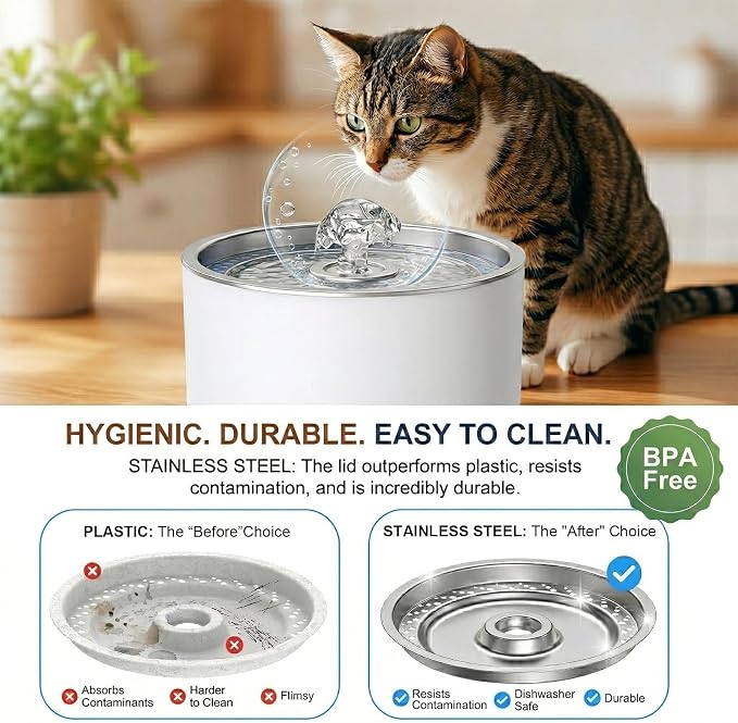 Wonder Creature Cat Water Fountain 2.4L/81oz for Multiple Cats, Stainless Steel Lid Automatic Pet Fountain with Ultra Quiet Pump, LED Light & Water Level Window