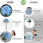 Buart 3PCS Long Stem Big Size Flowers Artificial Silk Hydrangea Lifelike Flowers Real Touch Blue Artificial Flowers Wedding Shower Bride Bouquets Office Living Room Table Decorations (21 Inch)