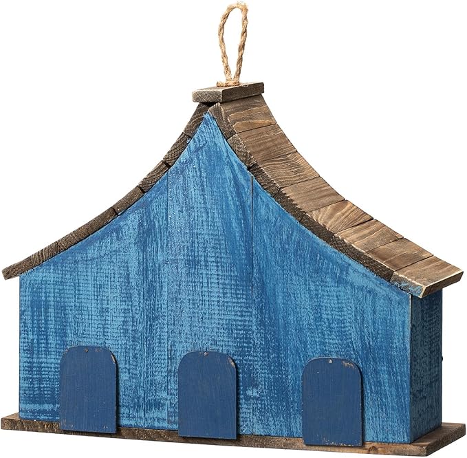 Glitzhome Bird Houses for Outside, 15" L Oversized Distressed Solid Wood Birdhouse with 3D Flowers Rustic Three-Story Villa Decorative Hand-Painted Hanging Bird Houses for Outdoors,Washed Blue