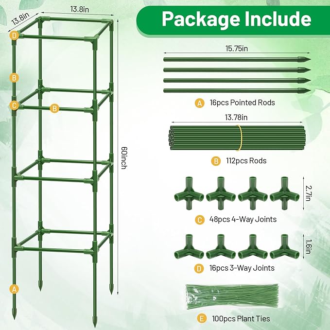 Legigo 4 Pack Square Tomato Cages- 60 Inch Heavy Duty Tomato Trellis for Climbing Plants Outdoor, Tomato Plant Support Stakes Cage Garden Trellis for Garden Raised Garden Bed Cucumbers Vegetables