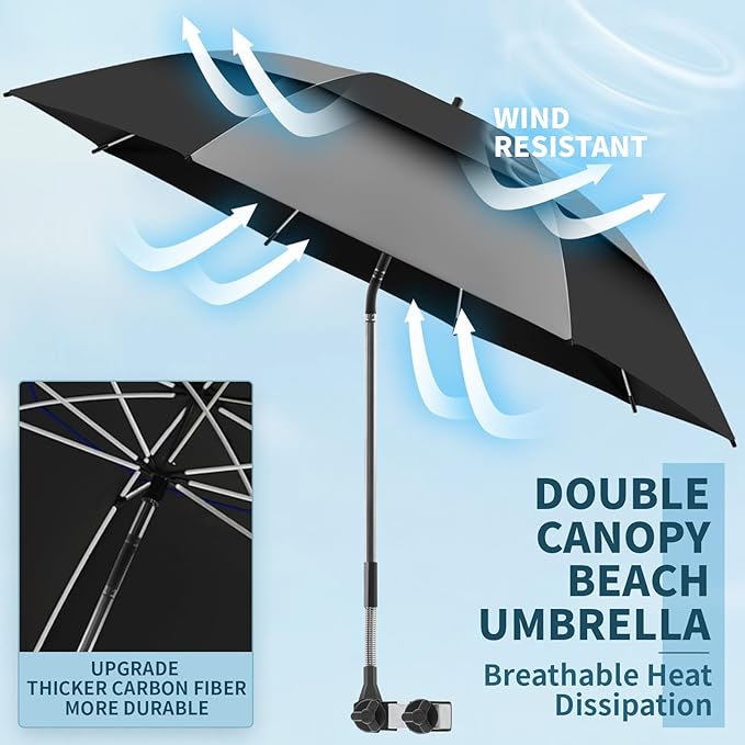 48.6" Double Canopy Beach Umbrella with Clamp, UPF50+ Beach Chair Umbrella with clip, 360°Adjustable Portable Outdoor Wheelchair, Patio, Golf Carts,Camping(Grey/Black)