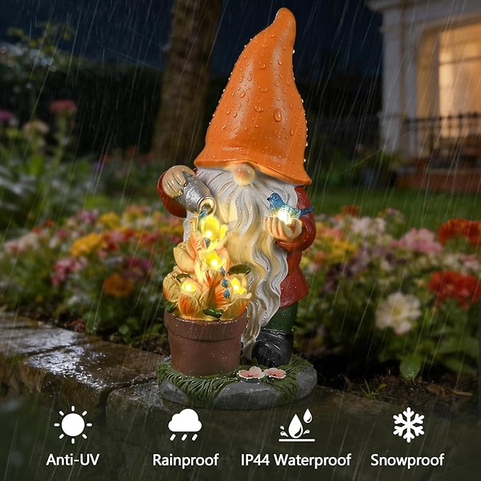 Solar Gnome Statue Outdoor Decor for Mother's Day,Gnome Figurines with Flower LED Light for Garden Decorations for Patio Lawn Balcony Fairy Gardens,Housewarming Gifts for Women Mom