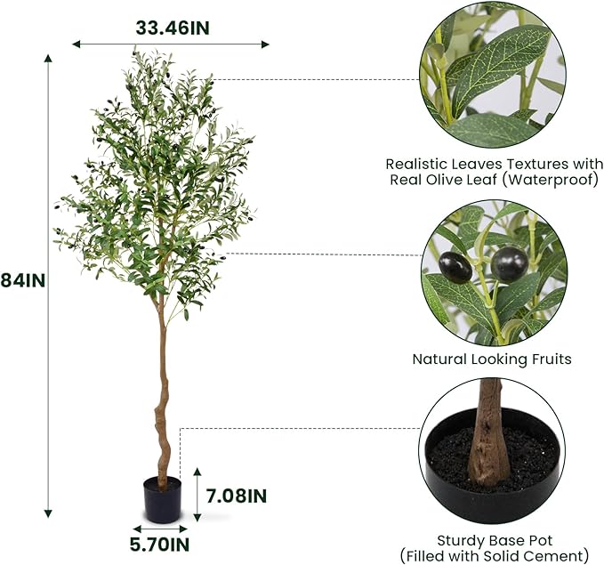 7FT Artificial Olive Tree,84 Inch Faux Olive Tree with Black Base Pot- Fake Olive Plant Potted - Artificial Silk Tree for Home Office Living Room Corner Decor Indoor-1 Pack