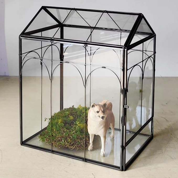 HighFree Geometric Plant Terrarium with Lid, House Succulent Terrarium Kit for Succulents Cacti Snail, Home Tabletop Miniature Terrarium (Black with Side Door)