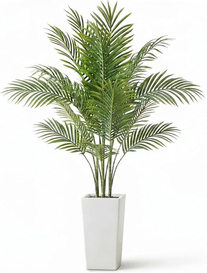Garvee 4.8FT Artificial Palm Tree, Tall Faux Tropical Areca Plants with White Tall Planter, Fake Potted Tree with Lifelike Leaves for Indoor Living Room Bedroom Home Office Decor