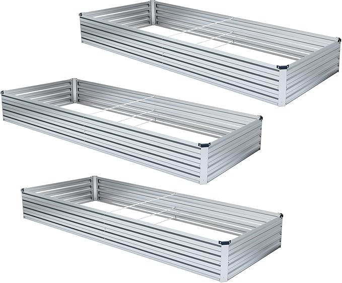 Meberam 3 Pack 6x3x1FT Galvanized Raised Garden Beds Kit Outdoor Metal Gardening Planter Box for Vegetable Elevated Flower Herbs,Silver