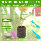 ZeeDix 50 Pcs 40mm Peat Pellets Seed Starter Soil Pods Plugs for Vegetable, Compressed Peat Nutrient Seedling Soil Block for Planting Easy Transplant with 50 Plant Labels & 2 Garden Tools