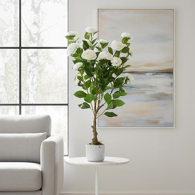 2.8FT Artificial Camellia Tree in White Planter, 2 Pack Faux Camellia Plant with 20 White Flowers, 34" Faux Flowers Potted Plant Trees for Home and Office Decor