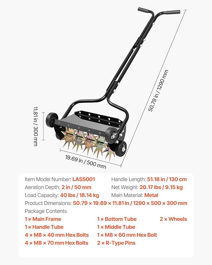 VEVOR Lawn Aerator, 18 in Manual Push Spike Aerator with 4 Wheels & Handle, Heavy Duty Grass Aerators, Supports 40 lbs Added Weight, Rolling Lawn Aeration Tool for Garden Yard Aeration Soil Health