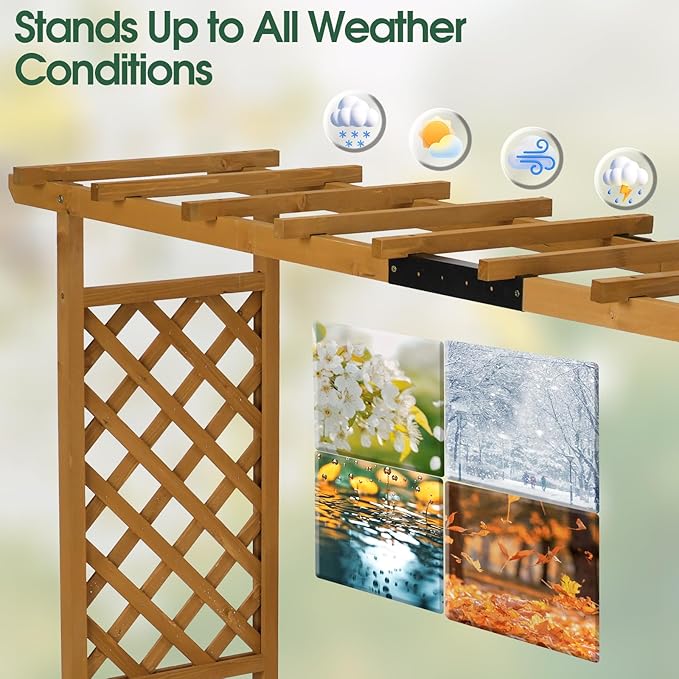 VINGLI 45 in Raised Garden Bed with Trellis & Hanging Roof, Wooden Elevated Planter Box with Drainage Holes for Outdoor Climbing Plants Vegetables Flowers, Patio Yard Balcony (Teak Color, Wider)