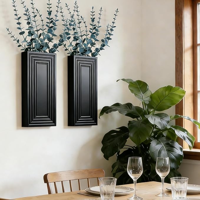 Wooden Wall Planter Vase, 2 Pack Black Wood Hanging Vases with Fake Eucalyptus for Indoor Modern Boho Farmhouse Wall Art Decor for Home Indoor Kitchen Modern Farmhouse Bathroom