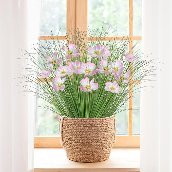 14 Bundles Artificial Flowers for Outdoors Onion Grass UV Resistant Greenery Stems Weed Artificial Fake Shrubs Grass Plant with Flowers Bushes Decoration for Indoor Outdoor Garden Office Home