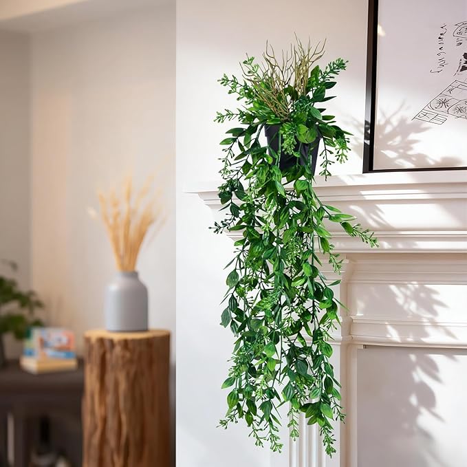 2 Pcs Faux Eucalyptus Vine Ivy Vine Artificial Hanging Plant Faux Plant Fake Potted Greenery for Wall Living Room Home Shelf Office Bathroom Outdoor Indoor Decor (Type 5)
