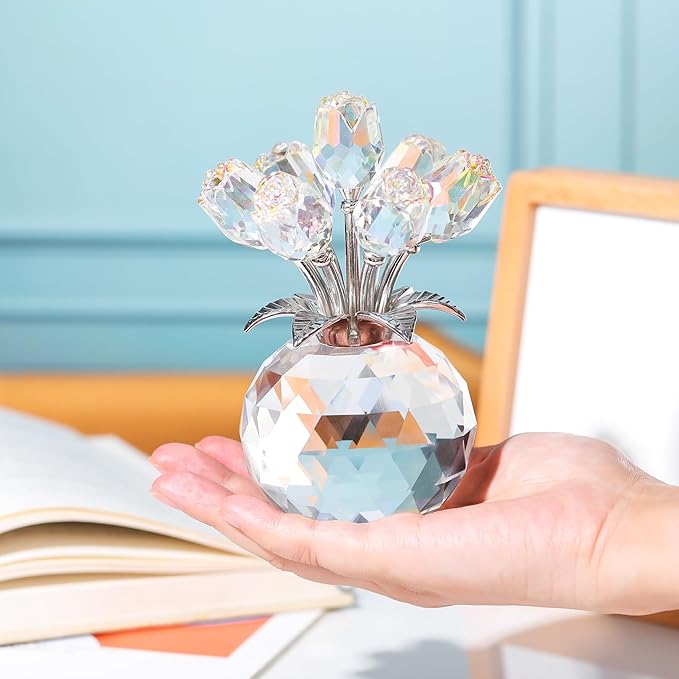 YWHL Handmade Crystal Clear Rose Flower Figurine with Round Vase, Romantic Rose Gifts for Women on Anniversary Birthday Christmas, Glass Rose for Mom Wife Grandma, Wedding Home Decorations