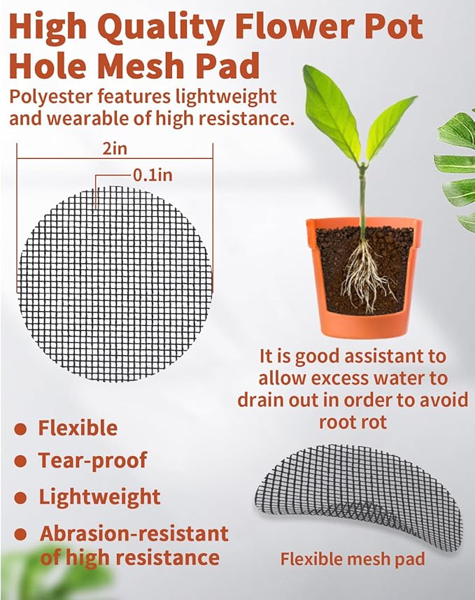 50PCS Flower Pot Hole Mesh Pad, 2 inch Rounds Drainage Hole, Plant Pot Drainage Mat, Plant Potting Mat to Prevent Soil Loss, Gardening Gifts for Friend