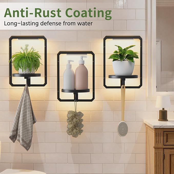 LASZOLA Plant Hangers Holder Wall Mount Indoor Window with 3 Grow Light, 3 Pack Floating Flower Stand Shelf with Hooks, Metal Picture Frame Hanging Planter Display Decor for Kitchen Bathroom, Black