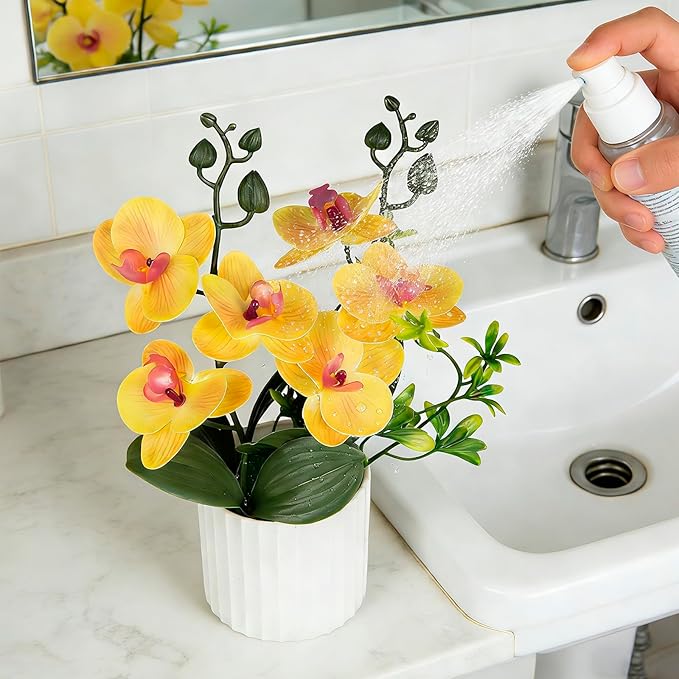 4Pcs Fake Orchids Artificial Flowers Washable Phalaenopsis Orchids Flowers in Pot for Home Wedding Table Centerpiece Bathroom Office Decoration (White & Purple & Yellow)